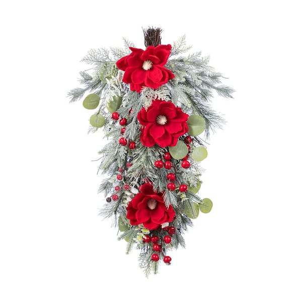 14 in. Red Mangnolia and Berry Artificial Christmas Swag Teardrop