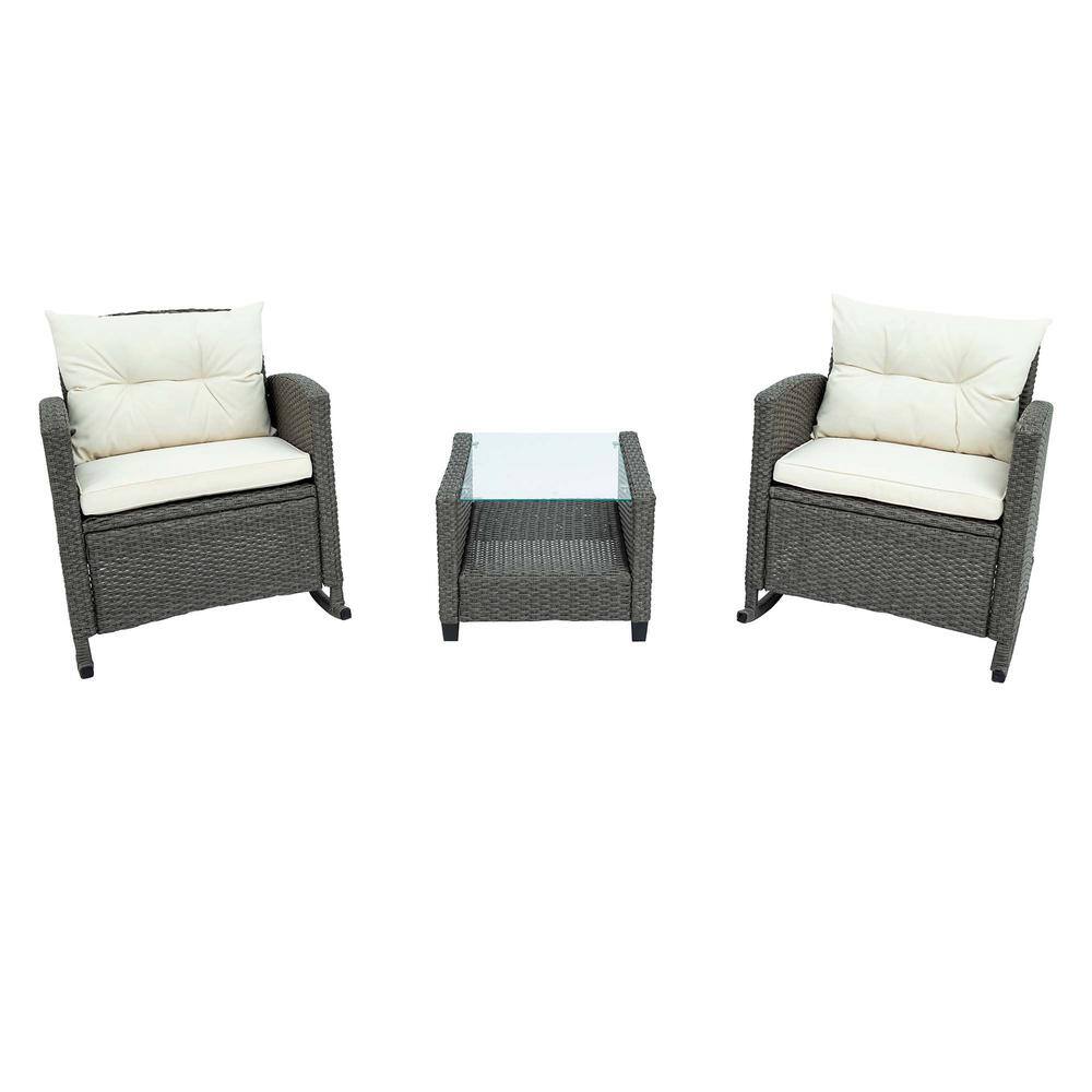 Beige 3-Piece Metal Wicker Rectangular Outdoor Dining Set with Beige Cushio