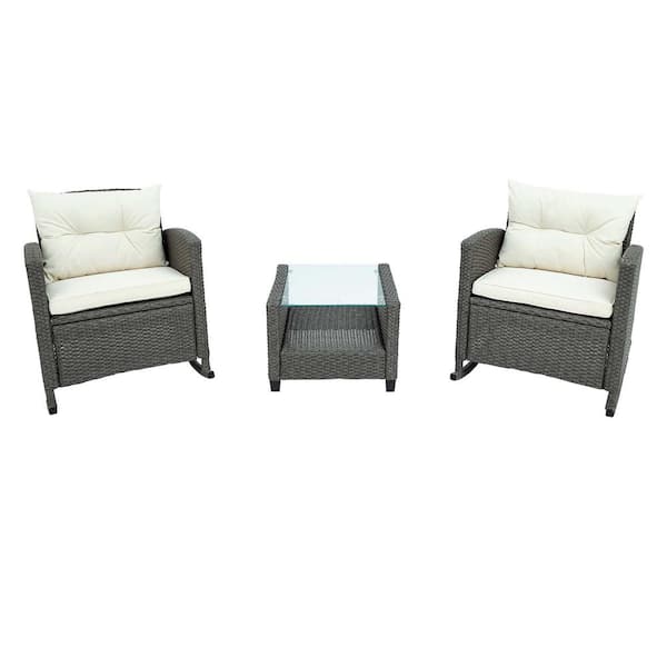Unbranded Beige 3-Piece Metal Wicker Rectangular Outdoor Dining Set with Beige Cushions