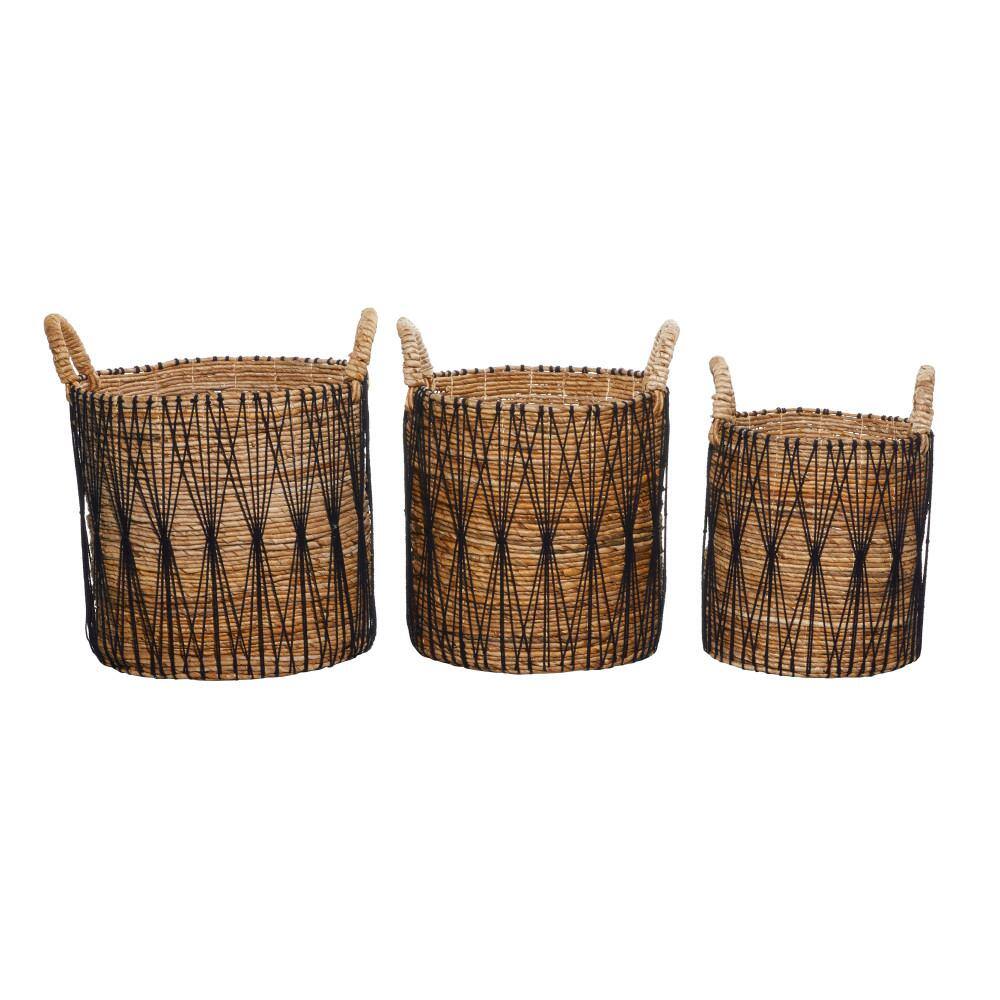 Handmade Brown and Black Banana Leaf Storage Baskets with Handles, Set of 3