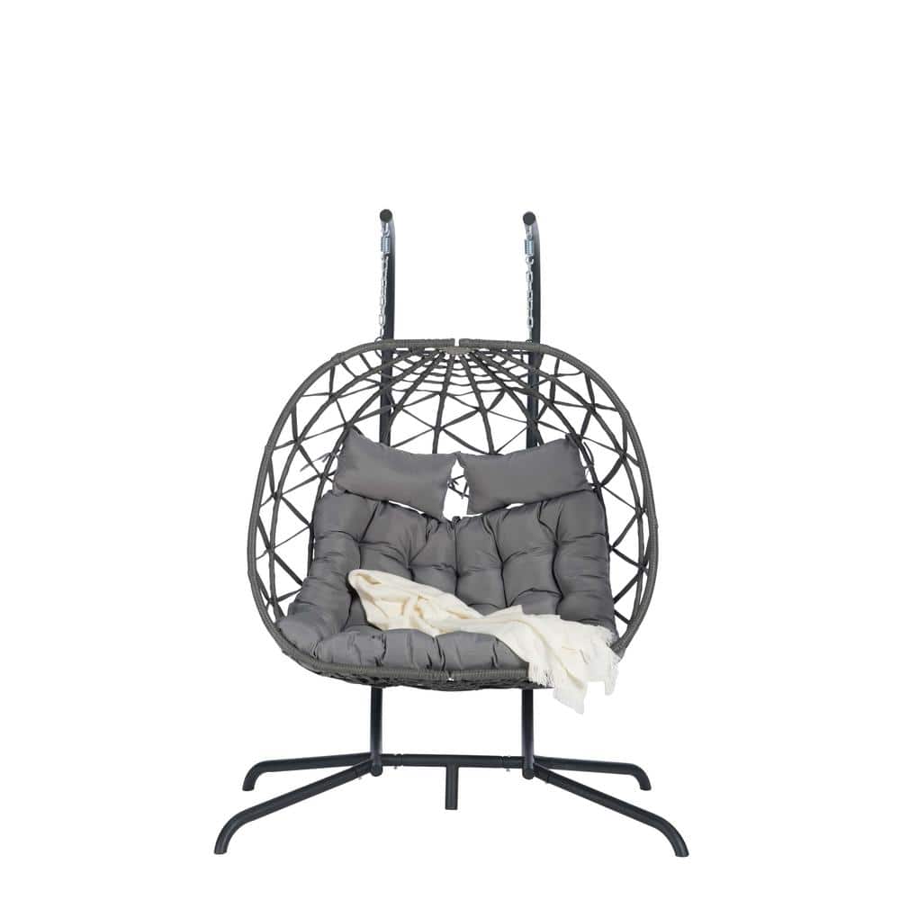 2 Person Light Gray PE Rattan Wicker Outdoor Hanging Chair With Dark Gray C