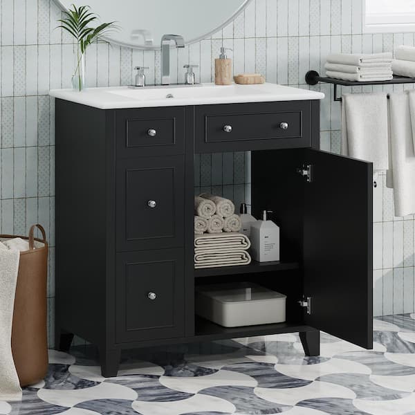 tunuo 30.24 in. W Bathroom Vanity Cabinet White Ceramic Basin, Double-Layer Drawer, Deep Drawer and Adjustable Shelf in Black
