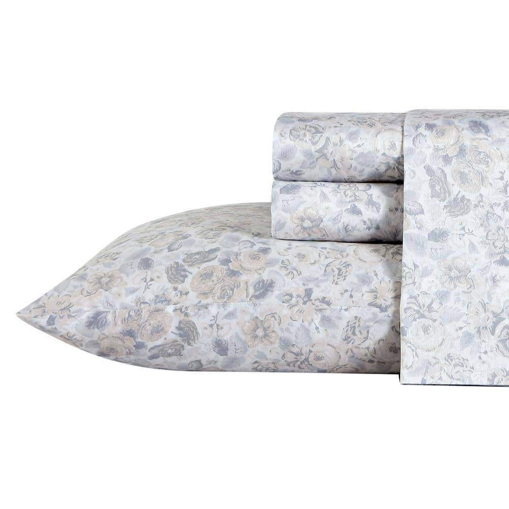 Quartet 4-Piece Gray Floral Cotton King Sheet Set