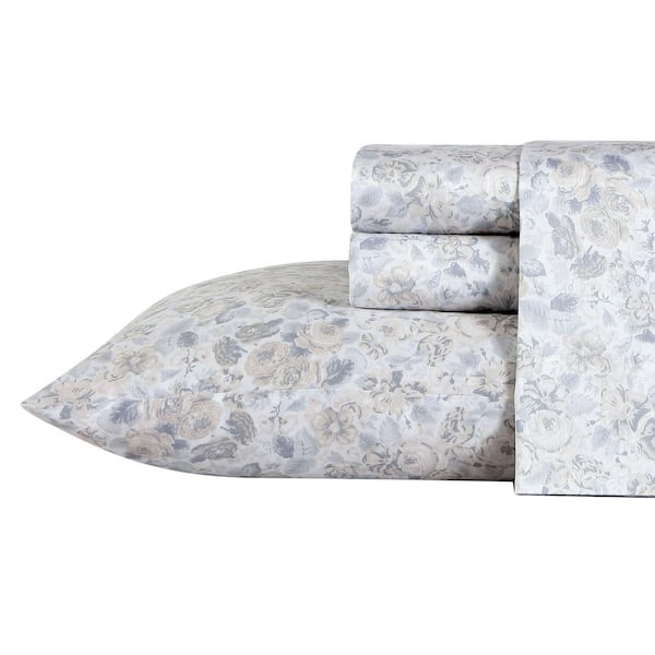 Laura Ashley Quartet 4-Piece Gray Floral Cotton King Sheet Set