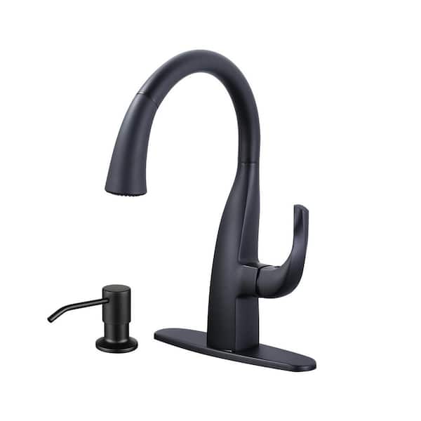 VEVETTA 15 in. Single Handle 360° Pull Down Sprayer Kitchen Faucet with Soap Dispenser in Matte Black