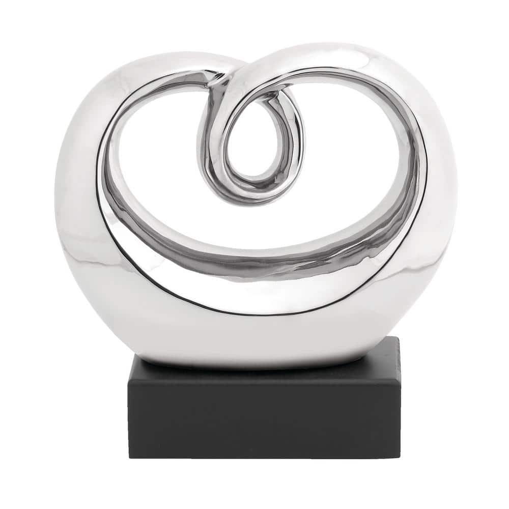 Elegant Silver Swirl 13" Ceramic Abstract Statue with Black Base