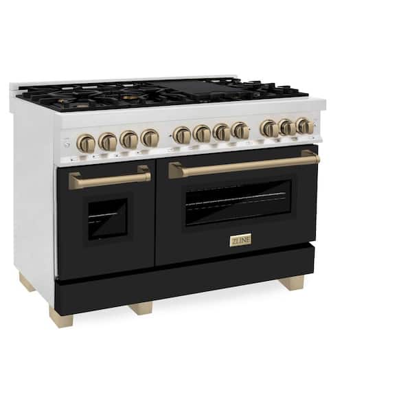 ZLINE Kitchen and Bath 48 in. 7 Burner Double Oven Dual Fuel Range w/Black Matte Door in Fingerprint Resistant Stainless and Champagne Bronze