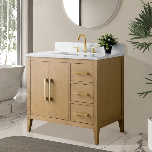 36 in. W x 22 in. D x 34 in. H Single-Sink Bathroom Vanity in Natural Oak with Engineered Marble Top in Arabescato White
