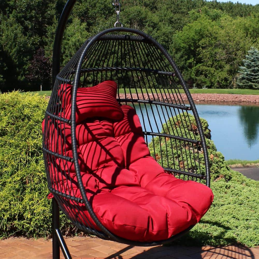 Julia Red Wicker Hanging Egg Chair with Cushions