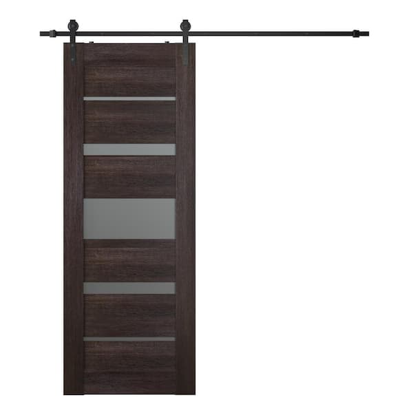 Belldinni Vona 07-03 18 in. x 80 in. 5-Lite Frosted Glass Veralinga Oak Composite Core Wood Sliding Barn Door with Hardware Kit