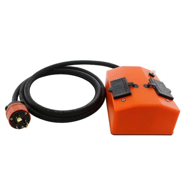 AC WORKS 1.5 ft. L5-30 3-Prong Locking Plug to PDU OUTLET BOX (GFCI and Breaker) with 4 Outlets