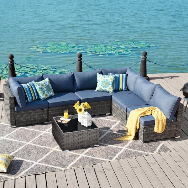 HOPPISH Gray 7-Piece Wicker Patio Conversation Set with Denim Blue Cushions