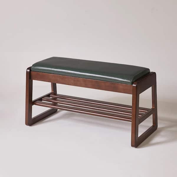 31.5" Wood Shoe Storage Bench with Premium Vegan Leather Seat,Hidden Lift Top Storage,Tiered Open Shoe Shelves in Green