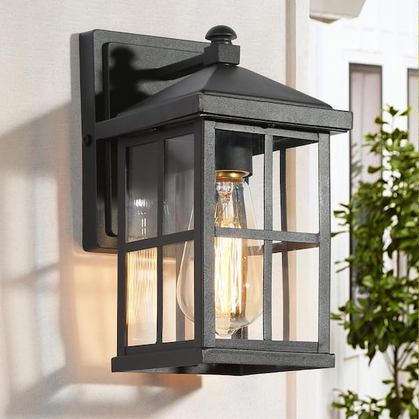 10 in. Modern Black Small Outdoor Lantern Sconce for Front Door Porch Entry, 1-Light, Clear Plaid Glass, Metal Wall Lamp