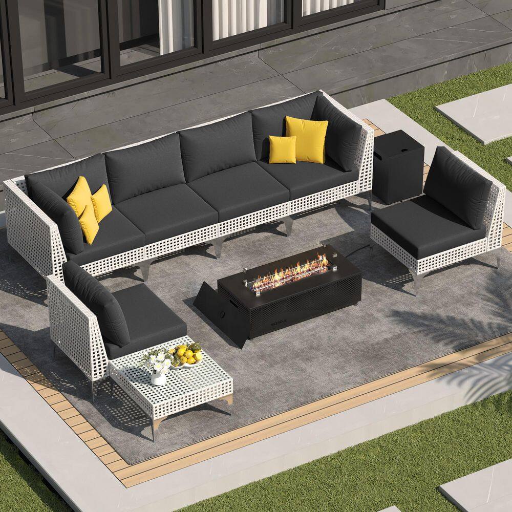 9-Piece Outdoor Fire Pit Patio Set Conversation Set with Plaid LED Fire Pit Table, Dark Gray Cushions and 2 Coffee Table