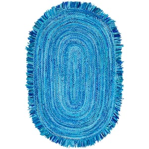 Braided Turquoise Doormat 3 ft. x 5 ft. Abstract Striped Oval Area Rug