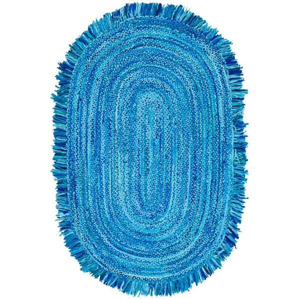 SAFAVIEH Braided Turquoise 5 ft. x 8 ft. Abstract Striped Oval Area Rug