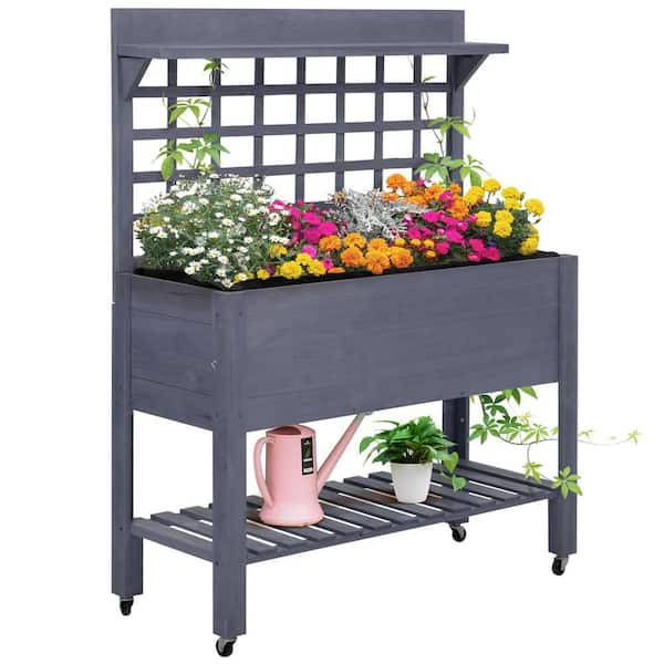 Unbranded 41 in. Gray Wood Raised Garden Bed with Trellis on Wheels, Elevated Planter Box with Legs for Flowers Herbs Vegetables