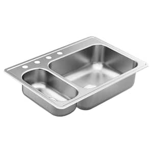 2000 Series Stainless Steel 33 in. 4-Hole Double Bowl Drop-In Kitchen Sink with 6 and 8.5 in. Depth
