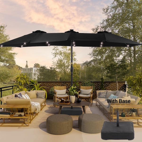 15 ft. x 9 ft. Solar LED Outdoor Double-Sided Umbrella Patio Market Umbrella with Crank and Base in Black