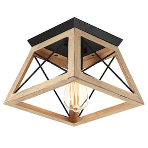 Libertab 10 in. 1-Light Brown Modern Farmhouse Square Flush Mount Light Geometric Ceiling Light With Open cage Shade