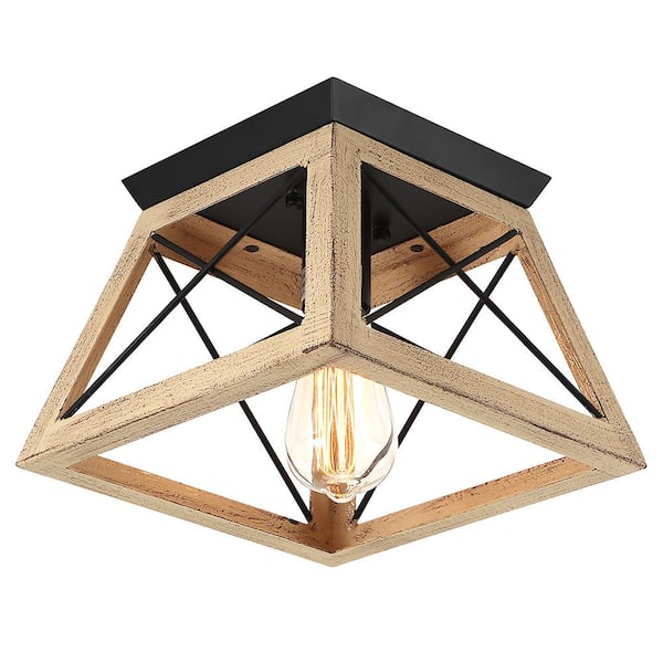 HUOKU Libertab 10 in. 1-Light Brown Modern Farmhouse Square Flush Mount Light Geometric Ceiling Light With Open cage Shade