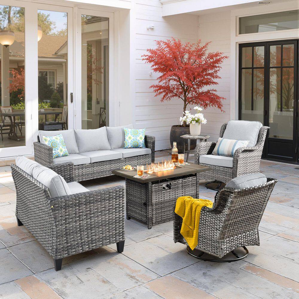 Muse 6-Pieces Wicker Outdoor Patio Rattan Rectangular Fire Pit Set and Swivel Rocking Chairs with Gray Cushions price history on PriceWatchPro