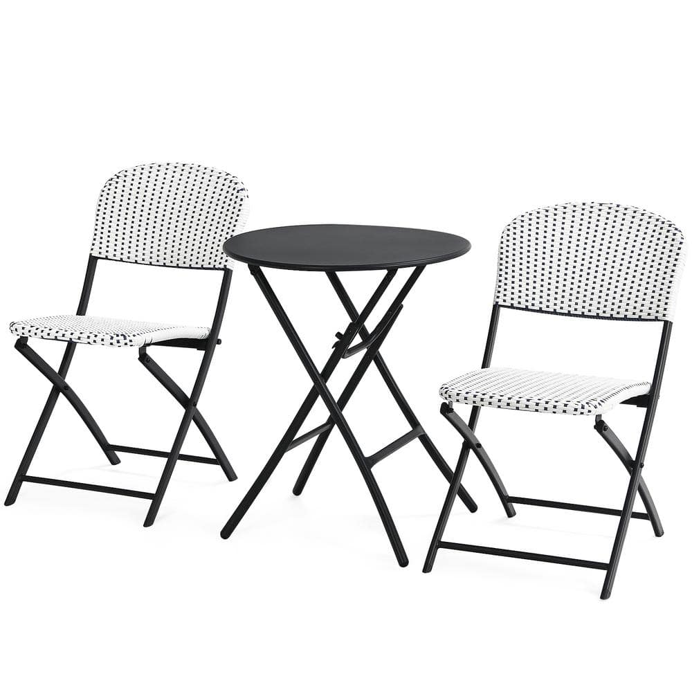 Black and White Rattan Folding Bistro Set with Round Table