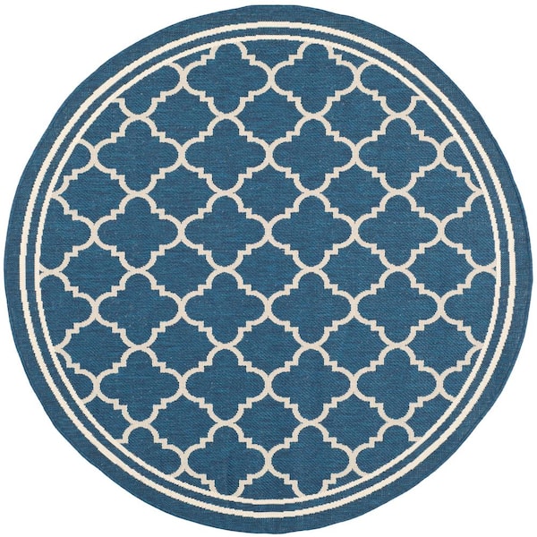 Courtyard Navy/Beige 4 ft. x 4 ft. Round Geometric Indoor/Outdoor Patio  Area Rug