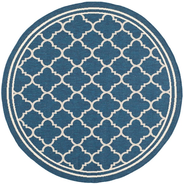 SAFAVIEH Courtyard Navy/Beige 4 ft. x 4 ft. Round Geometric Indoor/Outdoor Patio  Area Rug