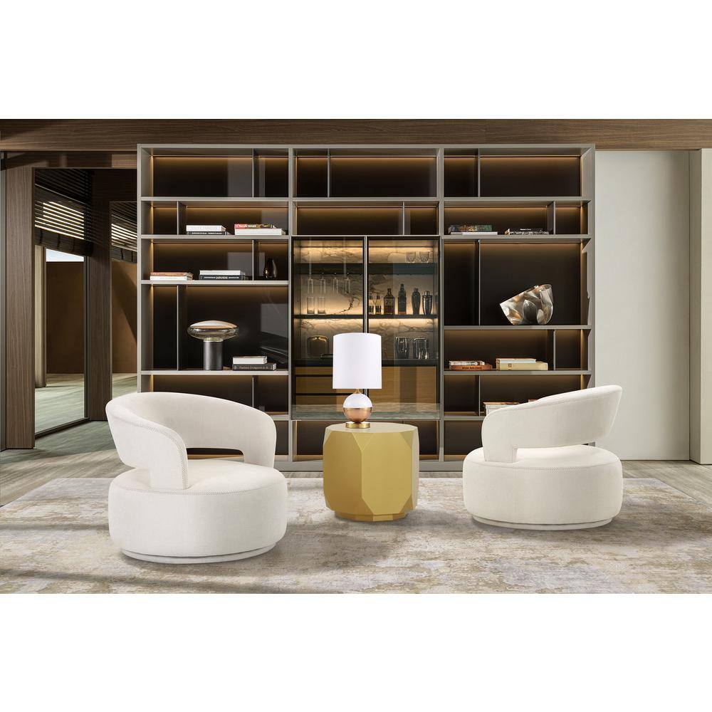 Handcrafted Beige Swivel Barrel Chair with Silver Base