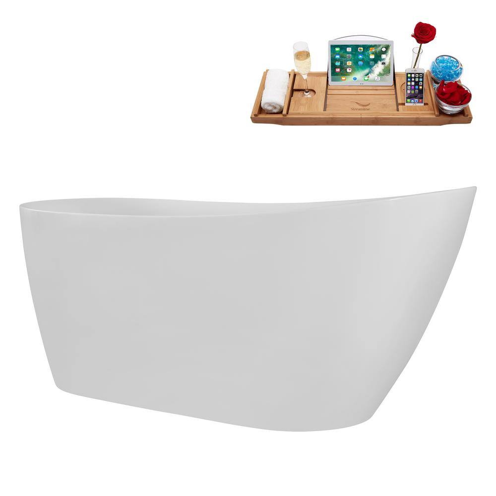 59" Glossy White Acrylic Freestanding Soaking Bathtub with Bamboo Tray