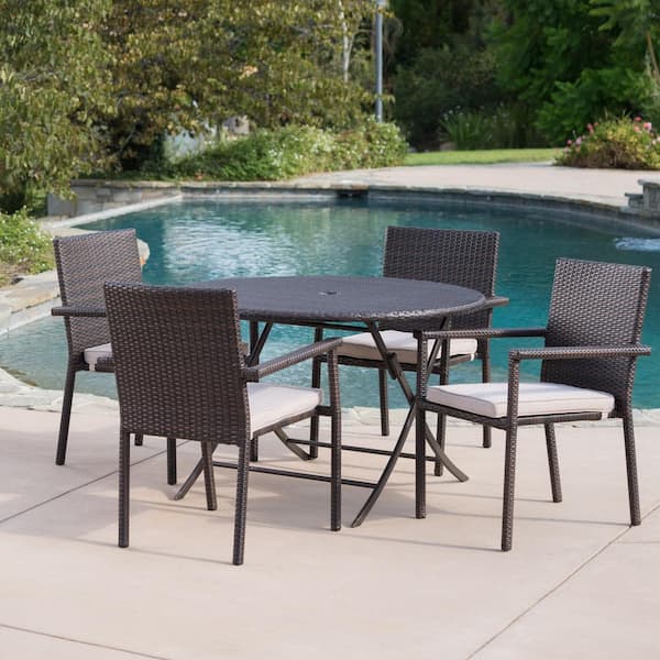 Noble House Adler Multi-Brown 5-Piece Faux Rattan Outdoor Dining Set with Beige Cushions