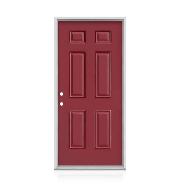 36 in. x 80 in. 6-Panel Right-Hand/Inswing Red Exterior Steel Prehung Front Door No Brickmold
