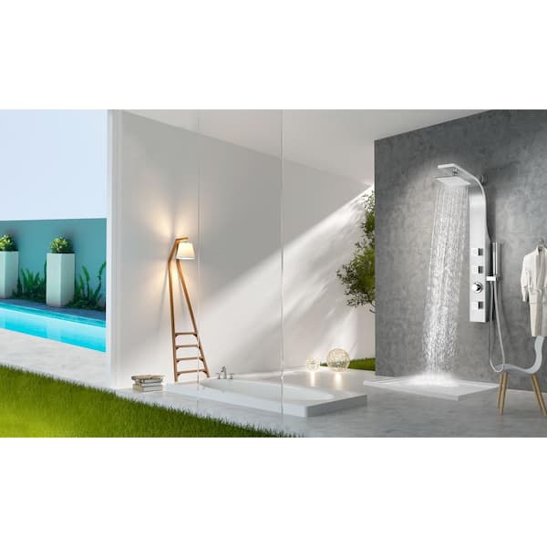 Silent 40 in. 2-Jet Shower Panel System with Heavy Rain Shower and Spray Wand in Brushed Steel