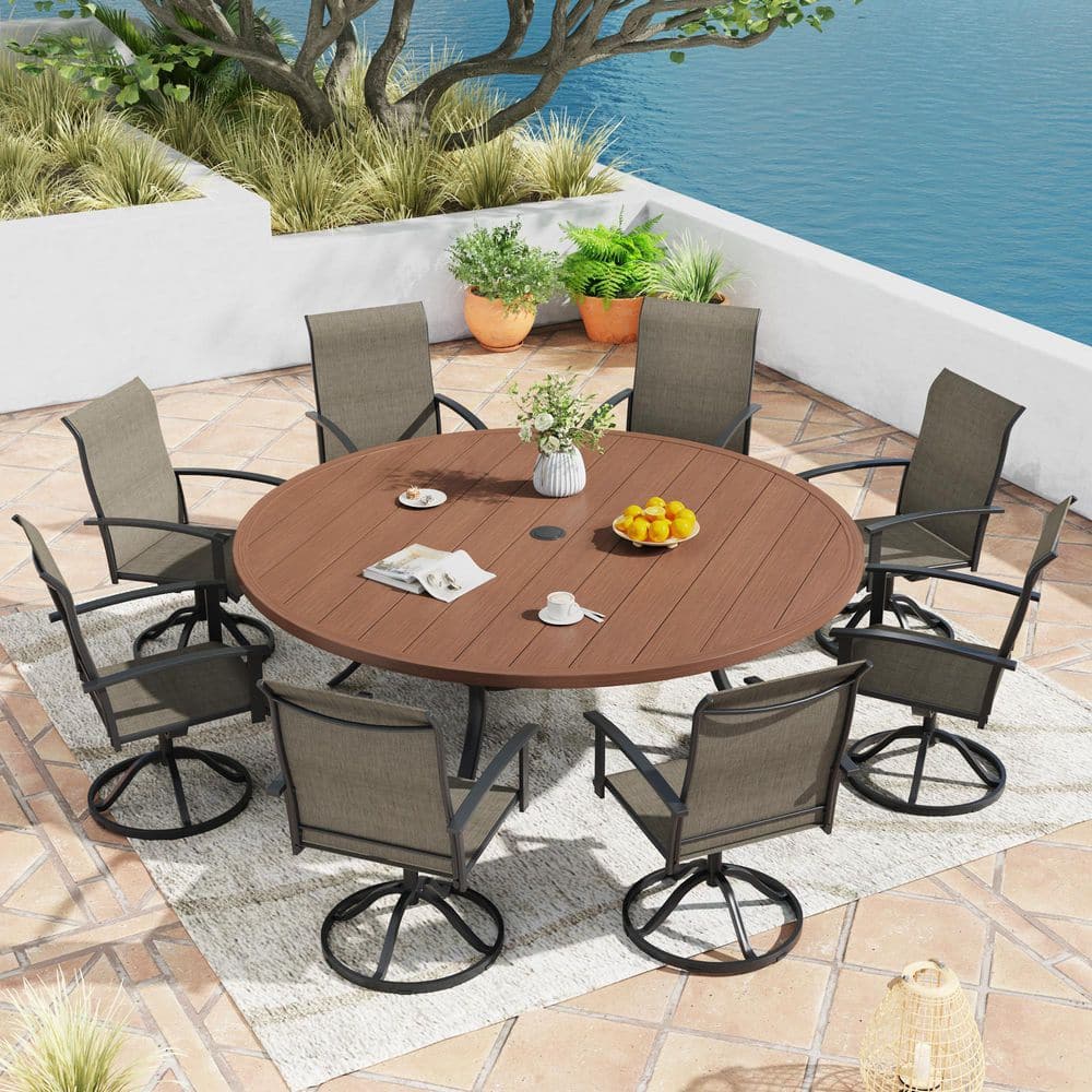 9-Piece Metal Outdoor Patio Dining Set with 63 in. Walnut Round Table and 8 Brown Textilene Swivel Dining Chairs price history on PriceWatchPro