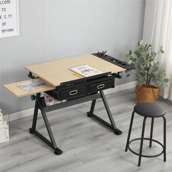 Magic Home 37 79 In Light Wood Color Adjule Drafting Table Desk And Chair With 2 Drawers Cs W34725906