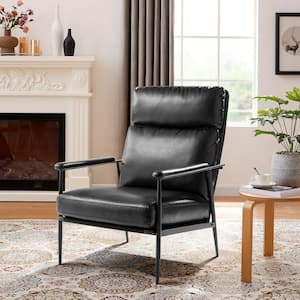 Mid-Century Modern Black Leatherette Armchair with High Back and Padded Arms