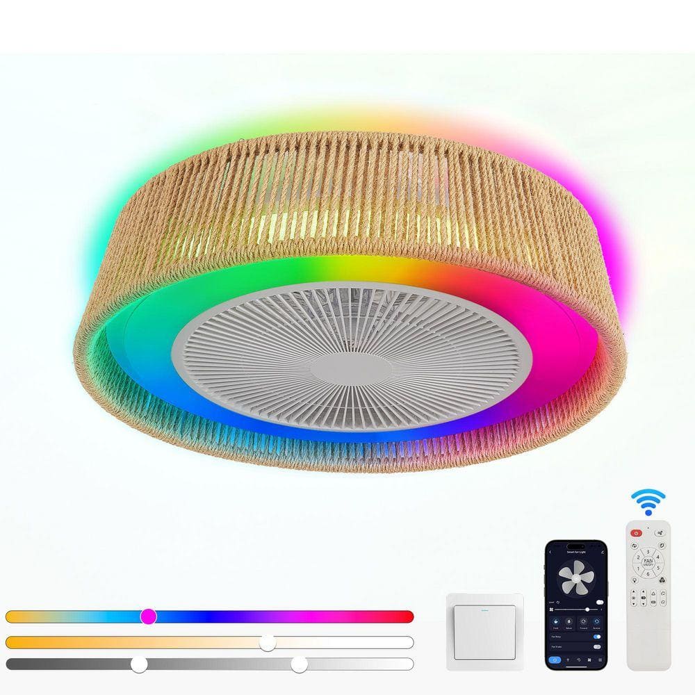 Led Rope Light Fan Gloweer 21 in. Modern Rustic Rope Woven Ceiling Fan with LED RGB Mood ...