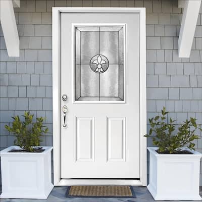 Element 36 in. x 80 in. Right-Hand Inswing 1/2 Lite Trinity Decorative Glass White Primed Steel Front Door Slab