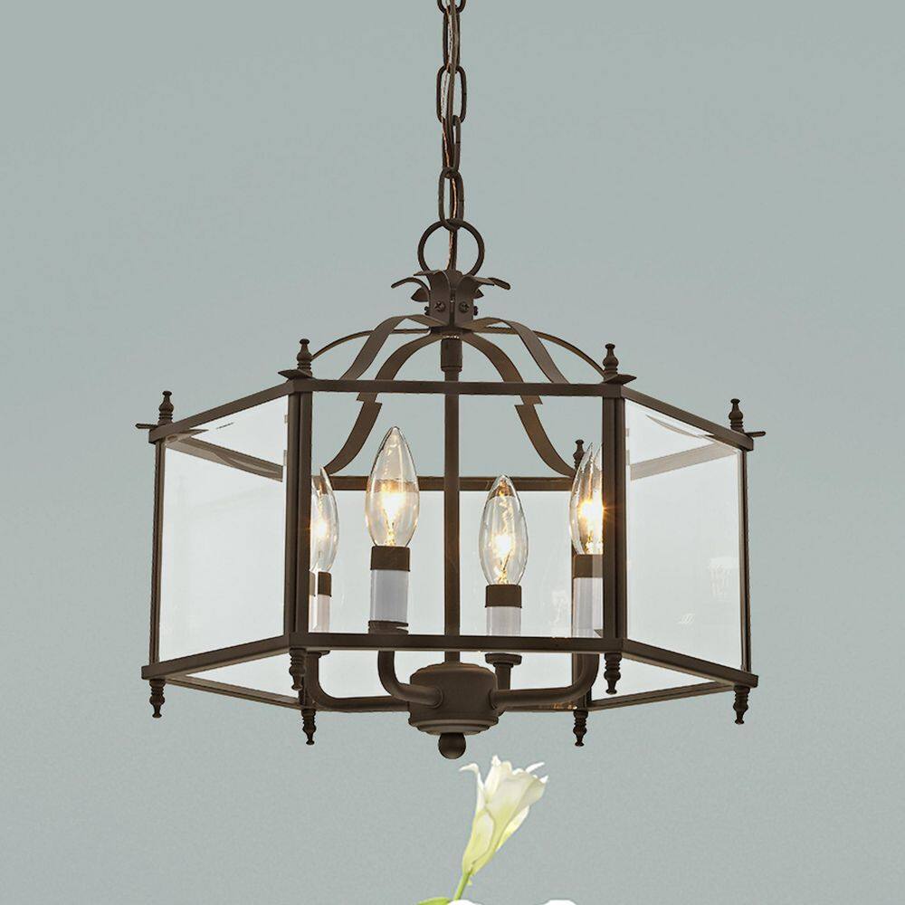 Bronze 4-Light Pendant with Clear Beveled Glass Shade