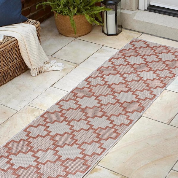 JONATHAN Y Cyrus Salmon/Cream 2 ft. x 8 ft. Modern Geometric Tile Pattern Indoor/Outdoor Runner Rug