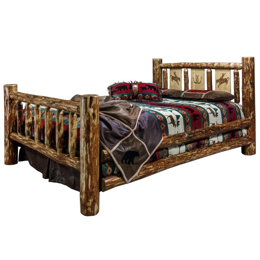 Full Size Brown Pine Wood Panel Bed with Engraved Headboard