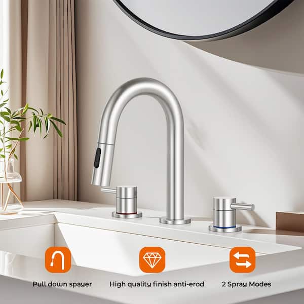 Double Handles 8 in. Widespread Bathroom Sink Faucet 3-Hole with Pull Out Sprayer in Brushed Nickel