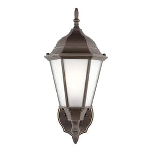 Bakersville 7.75 in. 1-Light Antique Bronze Traditional Outdoor Wall Lantern Sconce with Satin Etched Glass and LED Bulb