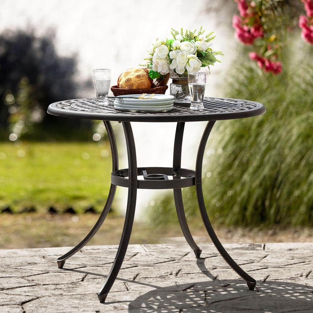 Bronze Round Cast Aluminum Patio Bistro Table with Umbrella Hole