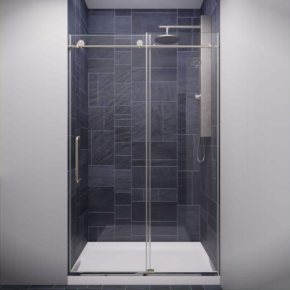 Madam Series 48 in. x 76 in. H Sliding Frameless Shower Door in Brushed Nic