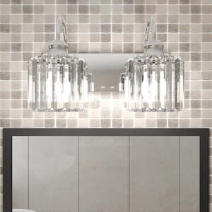 Merrin 14.4 in. 2-Lights Crystal Chrome Bathroom Vanity Light Fixture with Shades