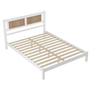 Exquisite Elegance White Wood Frame Queen Size Platform Bed with Natural Rattan Headboard