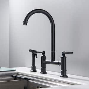 Double Handles Bridge Kitchen Faucet with Pull-Out Side Spray in Matte Black